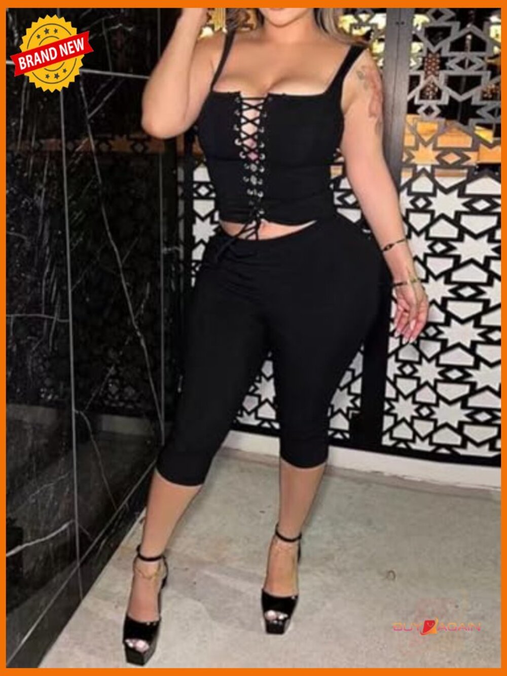 Women's Ribbed Knit 2 Piece Set - Tank Top & Capri Leggings Bodycon Jumpsuit - Picture 4 of 5